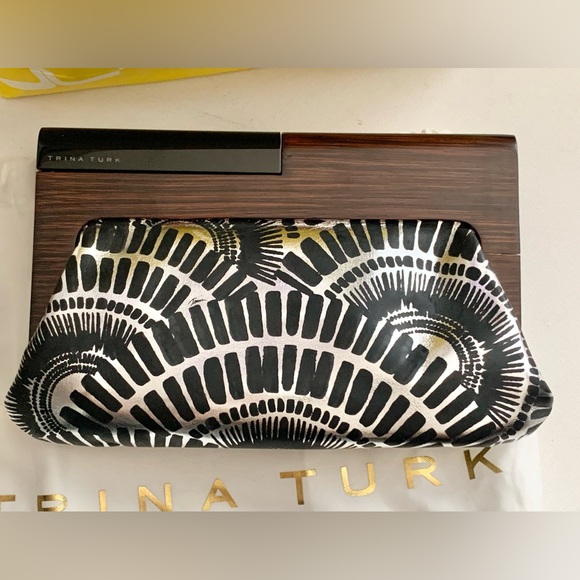 ✨RARE✨ TRINA TURK METALLIC LEATHER + WOOD Clutch Bag Purse NEW - Picture 14 of 16